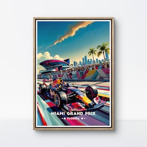 Poster del Gran Premio di Miami – Gara di Formula 1 ad alta velocità in Florida con vivace skyline della città