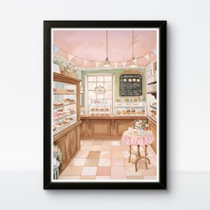 Vintage Patisserie Interior Poster – Romantic Café Scene with French Pastries and Pastel Charm for Cozy Kitchen Walls