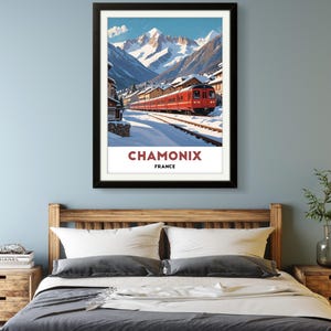 Chamonix France Vintage Travel Poster - Iconic Alpine Train and Mont Blanc Winter Scenery Wall Art Print