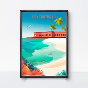 Poster di Dry Tortugas, stampa del Parco Nazionale della Florida, arte murale di Fort Jefferson, poster di spiaggia tropicale, decorazione vintage della barriera corallina, arte di viaggio sull'oceano