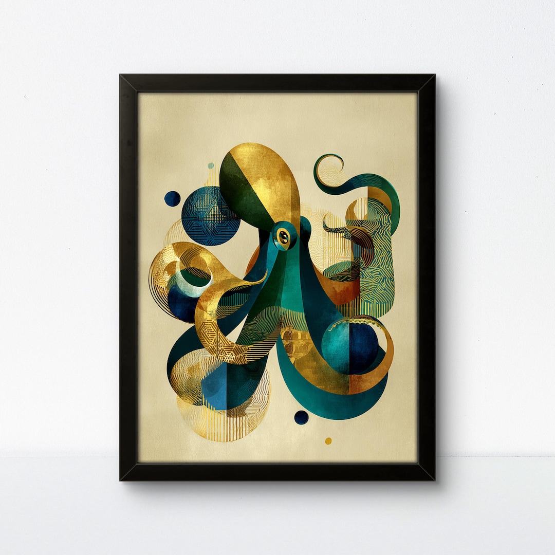 Geometric Octopus Wall Art - Teal Blue and Gold Design - Etsy