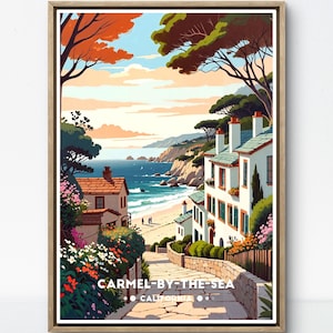 Póster de Carmel-by-the-Sea, impresión costera de California, arte playero vintage, decoración de pared oceánica, arte mural de viajes retro, arte costero de EE. UU.