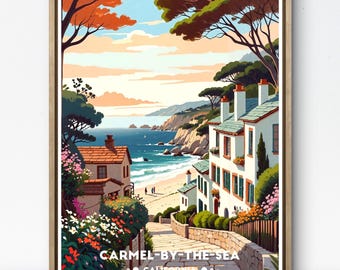 Carmel-by-the-Sea Poster, Coastal California Print, Vintage Beach Art, Ocean Wall Decor, Retro Travel Wall Art, USA Coastal Art