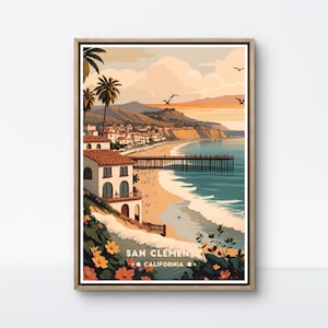 Poster di San Clemente, stampa di Sunset Beach, arte del molo della California, decorazioni di San Clemente, vista oceano retrò, costa in stile spagnolo, scena di scogliera costiera