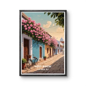 Fort Kochi India Vintage Poster | Quaint Street Scene with Flowers and Bikes | Retro Travel Wall Art for Home Decor