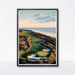 Poster del golf di Kiawah Island, stampa artistica del golf costiero della Carolina del Sud, decorazione da parete con campo da golf oceanico per casa o ufficio, regalo per gli appassionati di golf e viaggi