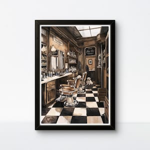 Classic Barber Shop Poster – Vintage Barbershop Print with Retro Chairs, Dog & Checkered Floor Decor
