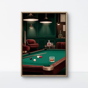 May include: A framed print of a billiards room with a green felt pool table, balls, and cues. The room has dark green walls, pendant lights, and a glass of whiskey. A classic, sophisticated aesthetic.