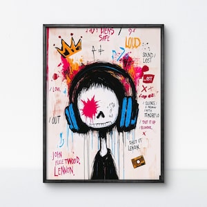 Póster abstracto de calavera con auriculares: arte pop audaz con íconos musicales para una decoración moderna.