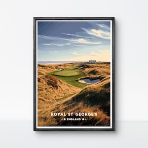 Poster del campo da golf Royal St George's, stampa artistica del campo da golf inglese, stampa vintage di viaggio, Dune Golf Wall Art / Decorazione da golf con cornice, regalo