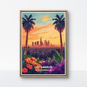 Poster di Los Angeles, stampa dello skyline della California, arte murale del tramonto di Los Angeles, scena di palma retrò, decorazioni di Los Angeles, poster della città di SoCal