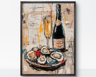 Champagne and Oysters Graffiti Art Print: Urban Foodie Decor
