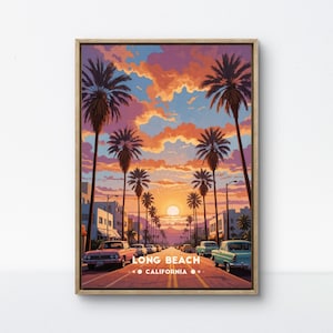 Poster di Long Beach, stampa del tramonto della California, arte di strada retrò di Palm, decorazione murale di Long Beach, atmosfera vintage SoCal, scena di strada con auto d'epoca