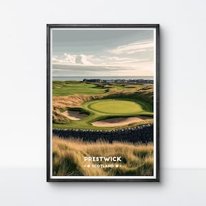 Poster del campo da golf Prestwick, stampa artistica del campo da golf scozzese, decorazione da parete per la casa o l'ufficio, regalo ideale per gli storici del golf.