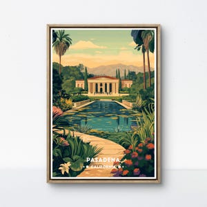 Poster di Pasadena, stampa del giardino della California, arte di Huntington Gardens, decorazione murale di Pasadena, scena botanica retrò, vista del padiglione del giardino