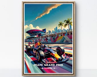 Miami Grand Prix Poster – High-Speed Formula 1 Racing in Florida with Vibrant City Skyline