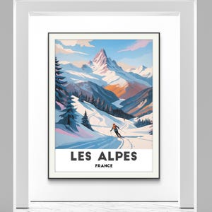 Französische Alpen Ski Poster Poster - Einsamer Skifahrer in atemberaubender Alpenlandschaft