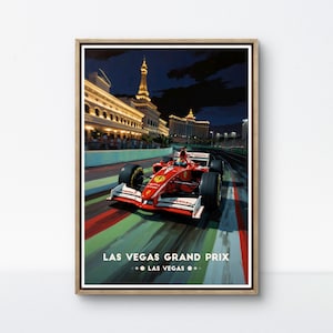 Afiche del Gran Premio de Las Vegas: emocionante carrera nocturna de Fórmula 1 con el icónico casino en el horizonte