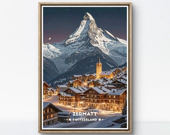 Zermatt Switzerland Vintage Poster, Winter Wonderland Wall Art, Matterhorn Night Scene Artwork for Alpine Decor