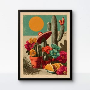Vintage Mexico Art Print: Cactus, Tacos, Sombrero - Kitchen & Office Decor