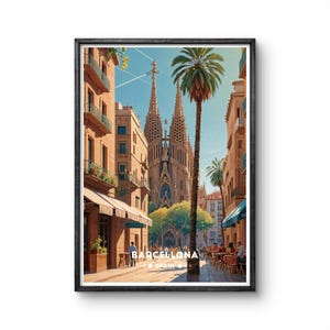 Barcelona Spain Vintage Poster - Stunning Sagrada Familia and Iconic Street Scene for Travel and Wall Art Lovers