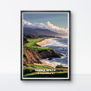 Poster del golf di Pebble Beach, stampa artistica del golf costiero della California, decorazione da parete iconica del PGA per casa o ufficio, regalo per gli amanti del golf