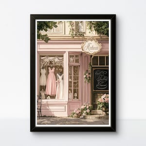 Poster di boutique di abiti rosa, arte murale femminile, stampa di un negozio di moda vintage, stile francese romantico, elegante idea regalo