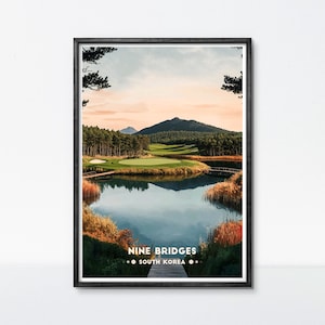 Poster da golf "Nove Ponti", stampa artistica sul golf in Corea del Sud, decorazione da parete riflettente con lago da golf per casa o ufficio, regalo per collezionisti di golfisti.