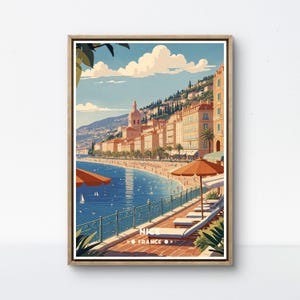 Nice Vintage Poster, French Riviera Travel Art, Promenade des Anglais and Mediterranean Seafront, Coastal France Wall Decor