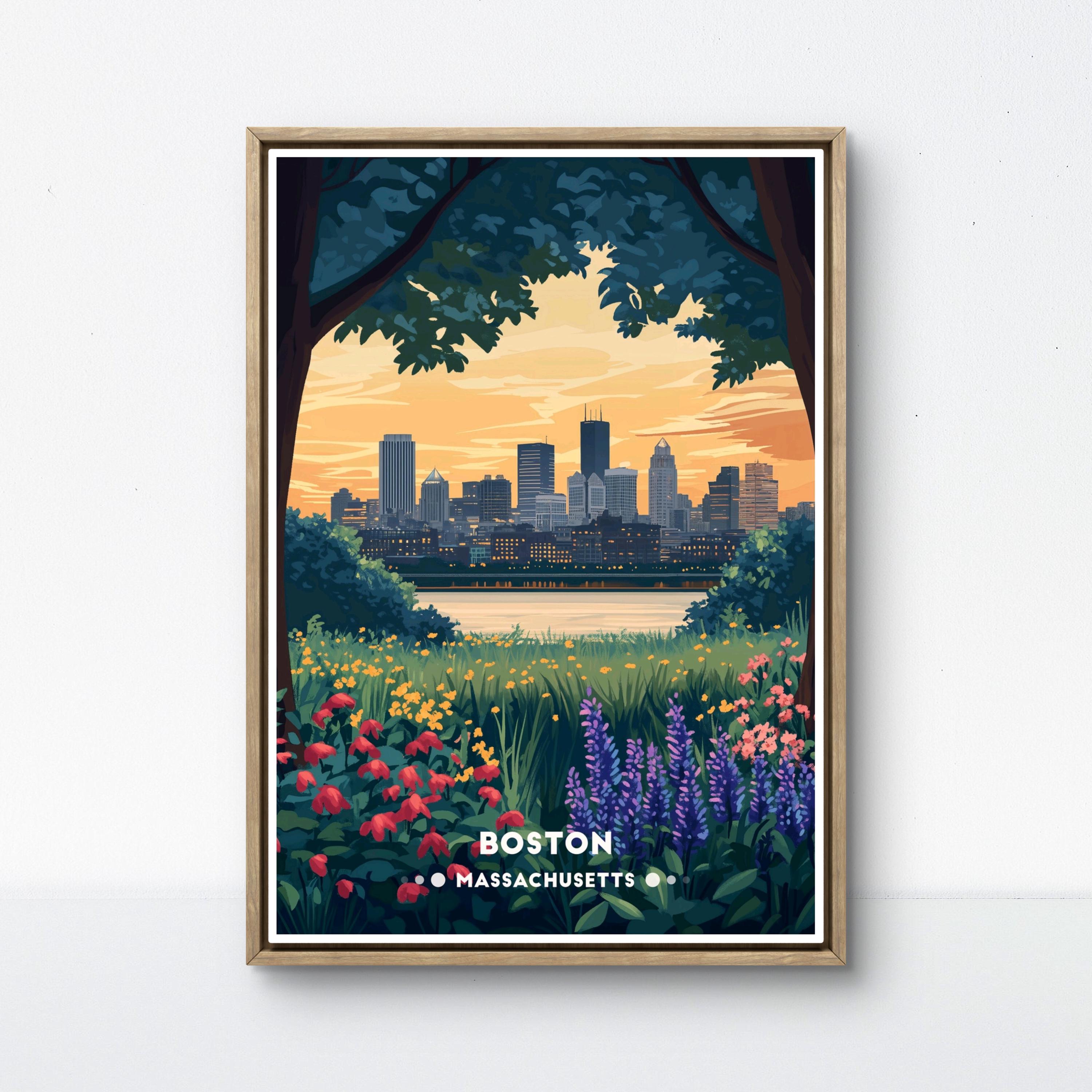 Boston Skyline Poster: Retro Floral Charles River Art