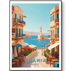 Póster de Chania: vibrante escena costera de Chania, Creta, Grecia, perfecto para la decoración del hogar, los entusiastas de los viajes y los regalos únicos
