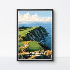 Poster da golf Cape Kidnappers, campo da golf della Nuova Zelanda, stampa artistica da parete Cliffside Golf, poster da viaggio vintage, decorazione da golf con cornice, regalo