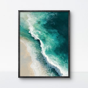 Teal Ocean Aerial Print: Minimalist Coastal Wall Art
