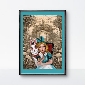 Póster de Alicia en el País de las Maravillas con cita de ayer, arte de chica de fantasía y conejo blanco, regalo para amantes de los libros, decoración de pared de bosque de hongos