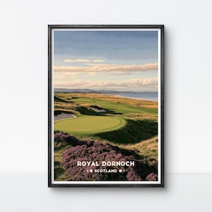Poster da golf Royal Dornoch, Scozia, campo da golf, arte, collegamenti, stampa vintage, stampa da parete, decorazione da parete con cornice per il golf.
