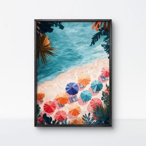 poster da spiaggia, stampa tropicale, arte murale estiva, ombrelloni colorati, decorazioni da spiaggia, stampa sulla spiaggia dell'oceano, decorazioni per case sulla spiaggia, atmosfera da spiaggia soleggiata,