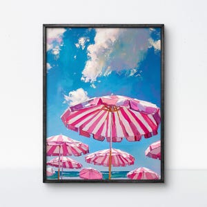 Art de parapluie rose, affiche de plage, art mural d'été, décor côtier, impression de plage rétro, oeuvre d'art de parasol, décor pastel, affiche de plage audacieuse