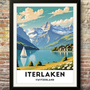 Poster panoramico di Interlaken, Svizzera, Lago di Thun e Alpi, Stampa artistica da parete con montagne serene