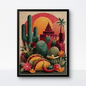 Vintage Mexican Food Art Print: Tacos, Cactus, Sombrero, Pyramids