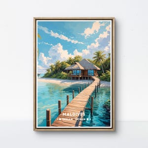 Maldives Vintage Poster | Indian Ocean Paradise Art | Tropical Island Bungalow Wall Decor