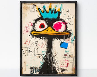 Crowned Ostrich Graffiti Art Print: Basquiat-Inspired Street Art