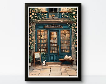 Vintage Bookstore Poster: Cozy French Literary Shop Wall Art