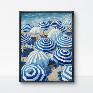 Sombrilla de playa, póster de rayas azules, arte mural costero, impresión pictórica, arte mediterráneo, Riviera Francesa, decoración náutica, arte de la costa de Amalfi