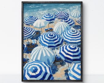 Ombrellone da spiaggia, poster a strisce blu, arte murale costiera, stampa pittorica, arte mediterranea, Costa Azzurra, arredamento nautico, arte della Costiera Amalfitana