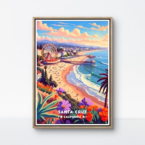 Póster de Santa Cruz, arte de paseo marítimo, impresión de la costa de California, escena oceánica retro, decoración de pared de Santa Cruz, póster de noria