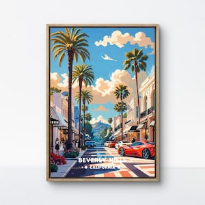Poster di Beverly Hills, stampa di lusso della California, arte retrò di Rodeo Drive, decorazione da parete di Beverly Hills, scena di strada glamour, Palm Tree Avenue