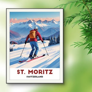 St. Moritz Skiing Vintage Poster - Swiss Alps Winter Sports Art Print, Switzerland Wall Decor, Retro Ski Resort Illustration