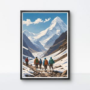 Dhaulagiri Nepal Vintage Poster | Berg-Trekking-Szene mit Schneespitzen | Retro Abenteuer Wandkunst für Naturliebhaber