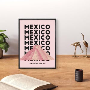Chichen Itza Poster: Pink Mexico Pyramid Travel Art (Downloadable)