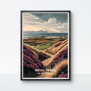 Poster del Royal Troon Golf Scotland - Stampa artistica - Decorazione da parete con motivi erica per gli appassionati di golf e regalo per l'Open Championship
